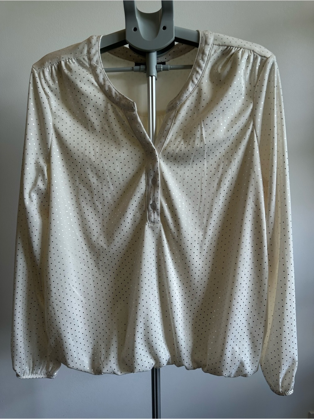 Cream Polka Dot Long-Sleeve Henley Blouse